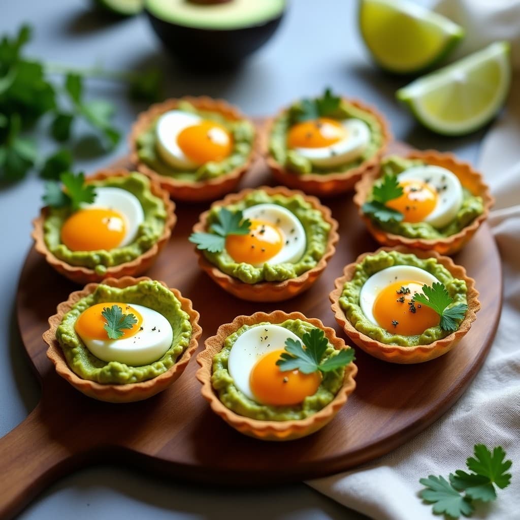 Tartaletas doradas de masarépa rellenas de guacamole cremoso y coronadas con huevos de codorniz escabechados, decoradas con cilantro y un hilo de aceite de oliva, aperitivo venezolano gourmet.