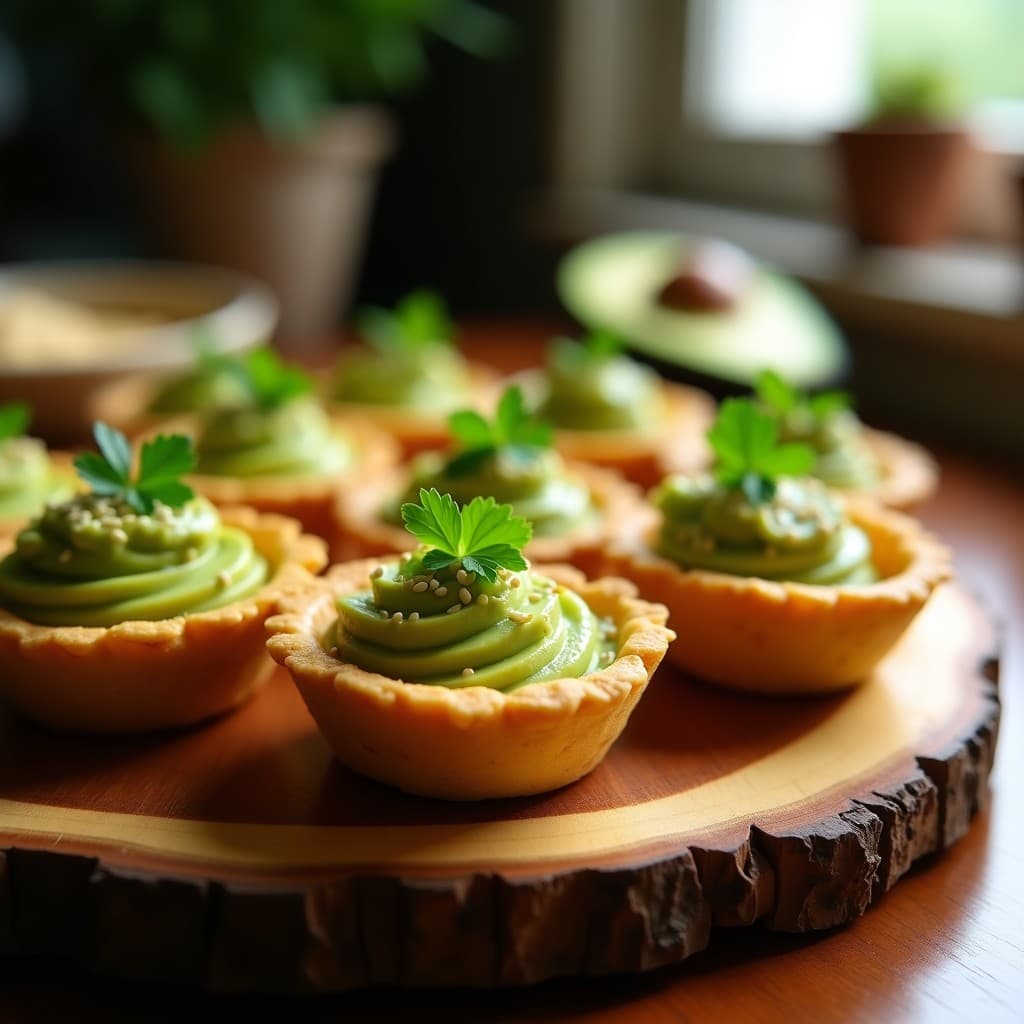 Tartaletas de masarepa con guasacaca y aguacate: bases doradas y compactas rellenas de cremosa guasacaca verde, decoradas con láminas de aguacate, semillas de sésamo y hojas de cilantro. Aperitivo venezolano sin horno sobre tabla de madera rústica.