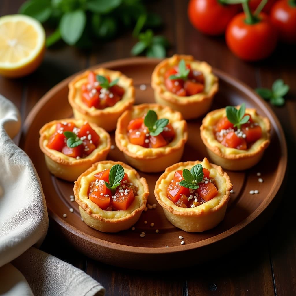 Tartaletas doradas de masarepa rellenas de queso de almendras cremoso y verduras salteadas, con semillas de sésamo por encima, servidas en un plato de madera sobre fondo rústico. Receta venezolana sin lactosa en airfryer.