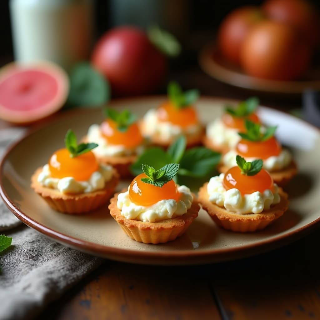 Tartaletas venezolanas sin horno de masarepa dorada, rellenas de queso fresco blanco desmenuzado y coronadas con mermelada de guayaba brillante, decoradas con hojas de hierbabuena sobre un plato de cerámica rústica.