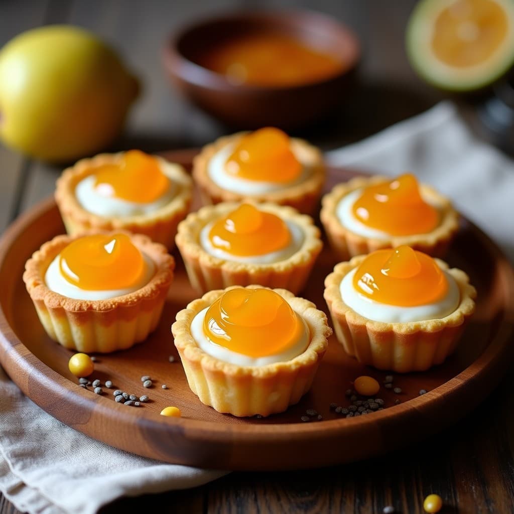 Tartaletas veganas colombianas con base dorada de masarepa, relleno cremoso de queso de soja y corona brillante de mermelada de guayaba, servidas en moldes individuales sobre un plato de madera rústica.