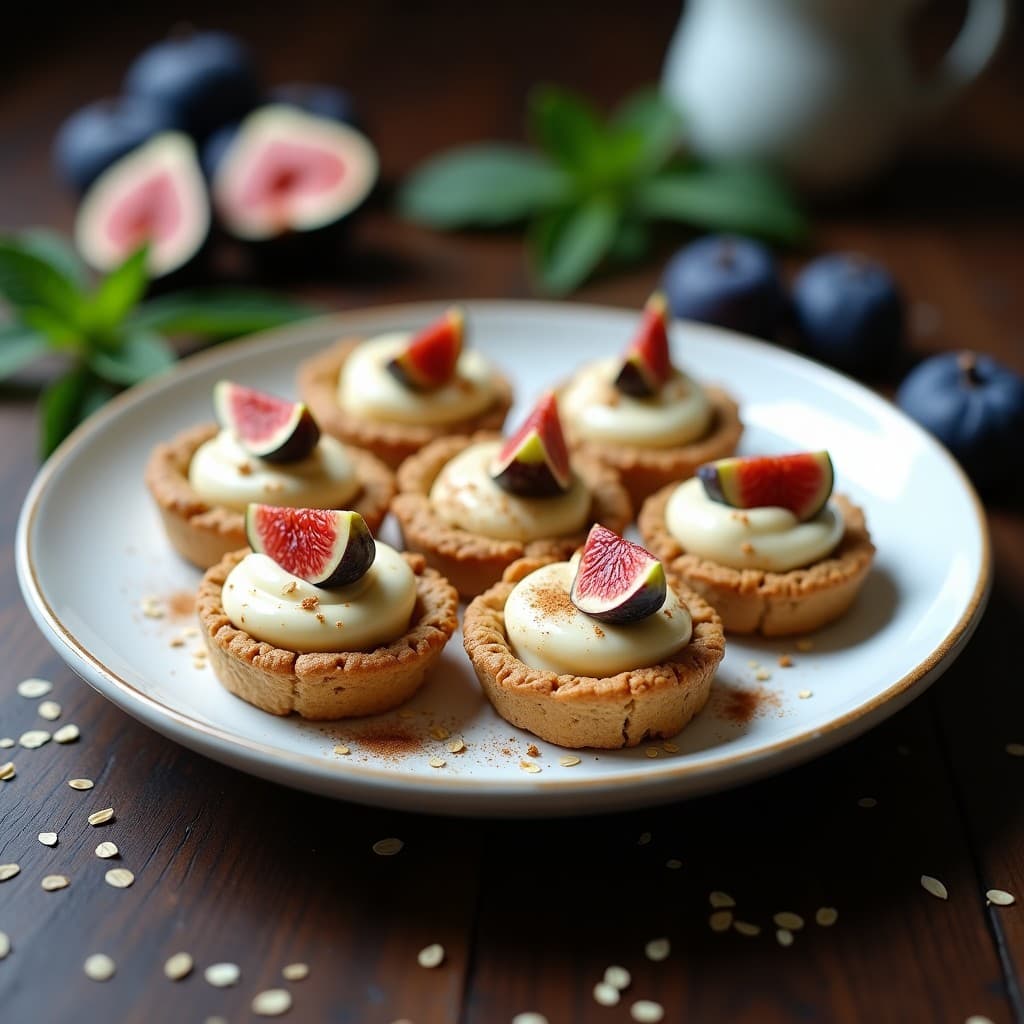 Tartaletas de mascarpone y higos con base de avena dispuestas en un plato de cerámica blanca, con láminas de higo fresco en abanico sobre crema sedosa, base dorada de avena crujiente y un toque de canela espolvoreada. Postre italiano sin azúcar.