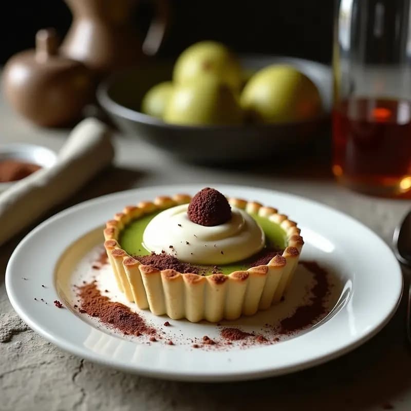Tartaletas de matcha y chocolate blanco sin gluten en moldes individuales, con base crujiente de galleta de arroz y relleno cremoso de color verde claro. Decoradas con almendras fileteadas y servidas en un plato blanco sobre fondo de madera rústica.