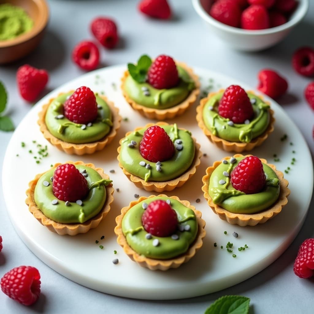 Tartaletas crudiveganas de matcha y frambuesa en moldes individuales, con base dorada de almendras y coco, rellenas de crema verde vibrante y decoradas con frambuesas frescas y semillas de chía.