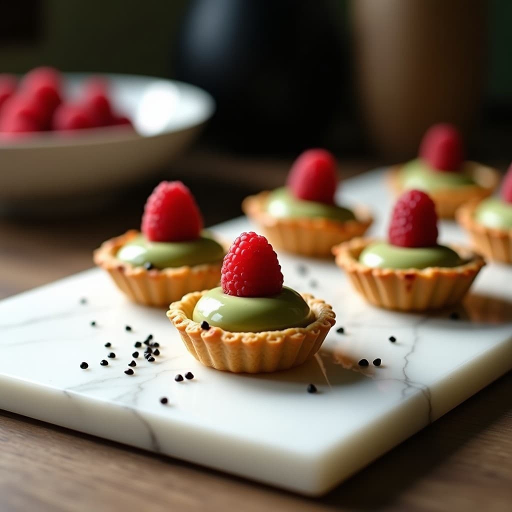 Tartaletas de matcha y queso mascarpone en moldes dorados, con base crujiente de almendra, relleno cremoso verde pálido y decoración de frambuesas y semillas de sésamo negro, sobre fondo blanco.