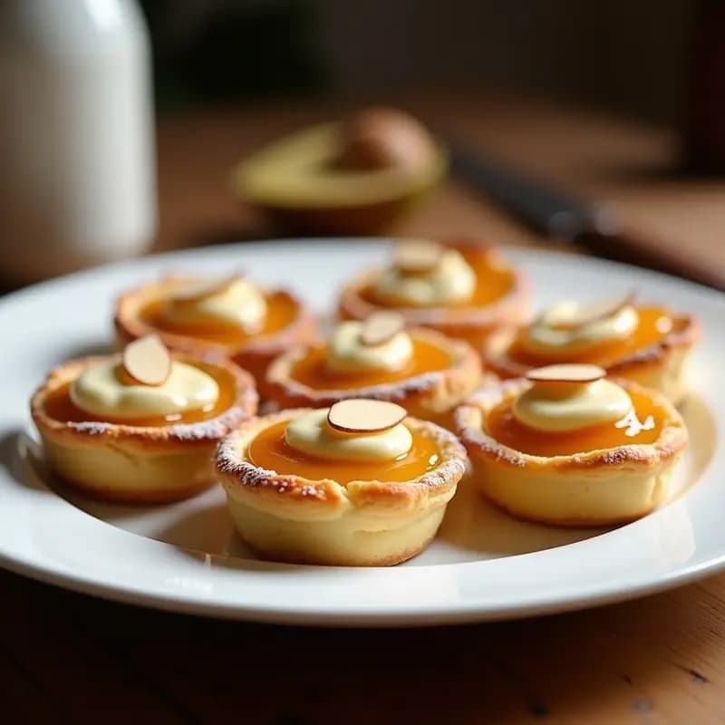 Tartaletas doradas de masa quebrada rellenas de dulce de membrillo y queso brie fundido, decoradas con nueces tostadas, miel y azúcar glass, sobre una bandeja de madera rústica con fondo desenfocado.