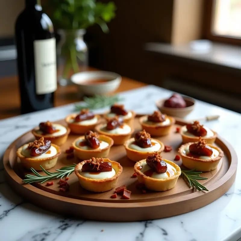 Tartaletas doradas de masa brisa rellenas de queso crema, panceta ibérica crujiente y dátiles, bañadas con salsa de Pedro Ximénez brillante. Plato de aperitivo gourmet español sobre fondo rústico de madera.