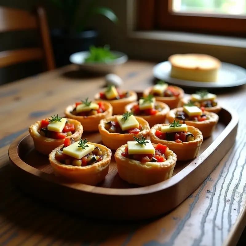 Tartaletas individuales doradas rellenas de pisto manchego de verduras sofritas y cubiertas con rodajas de queso de cabra gratinado, servidas en una bandeja de madera rústica.