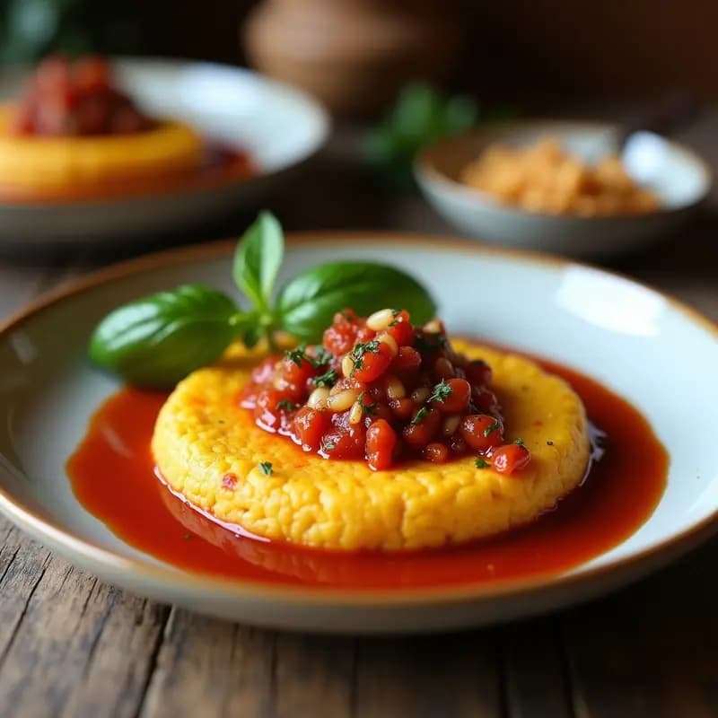 Tartaletas doradas de polenta crujiente rellenas de champiñones portobello salteados y coronadas con salsa romesco cremosa, sobre un plato rústico de madera con avellanas picadas y perejil fresco como decoración.