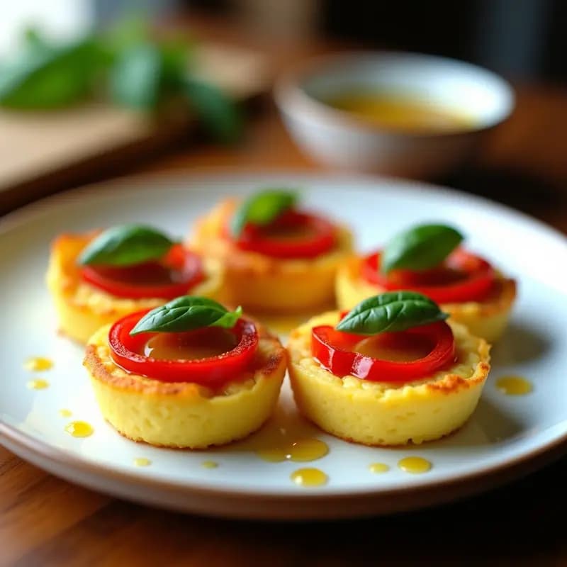 Tartaletas doradas de polenta crujiente rellenas de tiras de pimiento asado rojo y bañadas en vinagreta de mostaza, decoradas con hojas de albahaca fresca sobre un plato blanco rústico. Receta de entrante italiano en airfryer.
