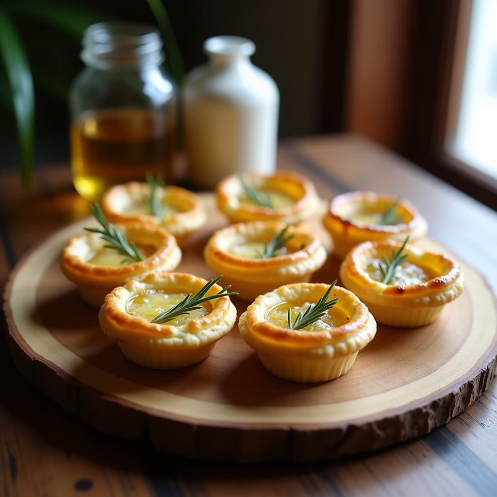 Tartaletas doradas de masa de almendra rellenas de puerro caramelizado y queso de oveja desmenuzado, servidas en bandeja de madera con decoración de tomillo fresco y hilos de miel de romero.