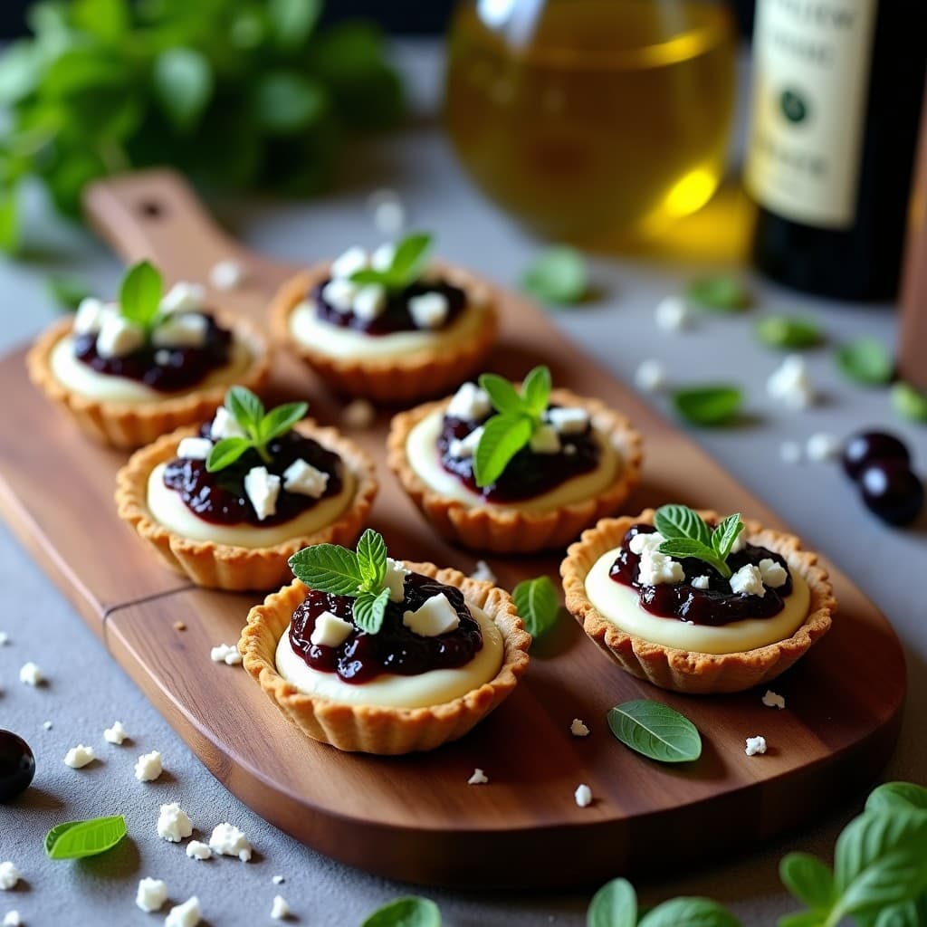 Tartaletas griegas keto de puré de coliflor y caviar de berenjena, presentadas en bases de semillas de chía y lino, decoradas con aceitunas kalamata, menta fresca y queso feta desmenuzado.