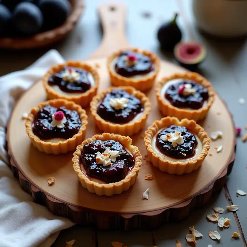 Tartaletas veganas francesas con base dorada de almendra y coco, rellenas de crema suave de queso de anacardos y coronadas con mermelada brillante de higo negro. Presentadas en moldes individuales con detalles de coco tostado.
