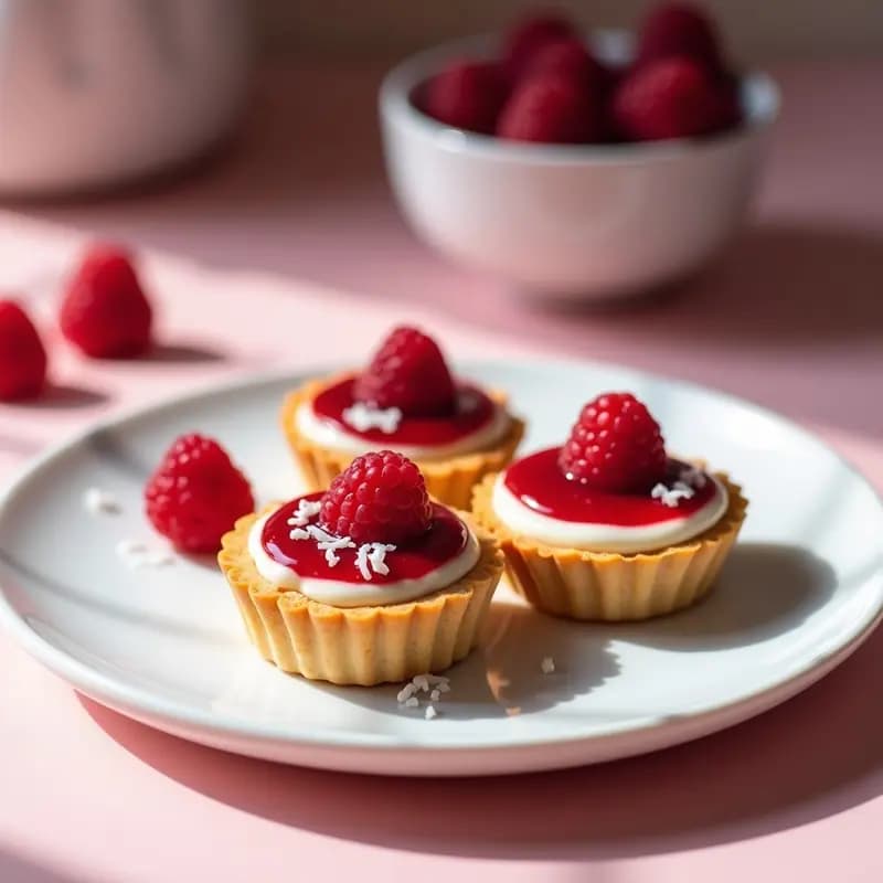 Tartaletas de queso de anacardos con base dorada de frutos secos, rellenas de crema blanca sedosa y coronadas con mermelada de frambuesa brillante sin azúcar, postre francés sin lactosa sobre fondo rústico de madera.