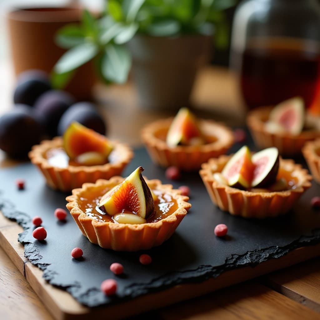 Tartaletas keto de queso de cabaña francés con base crujiente de almendra y semillas de calabaza, coronadas con higos caramelizados en almíbar especiado con canela y pimienta rosa, servidas en molde dorado sobre tabla de madera rústica.