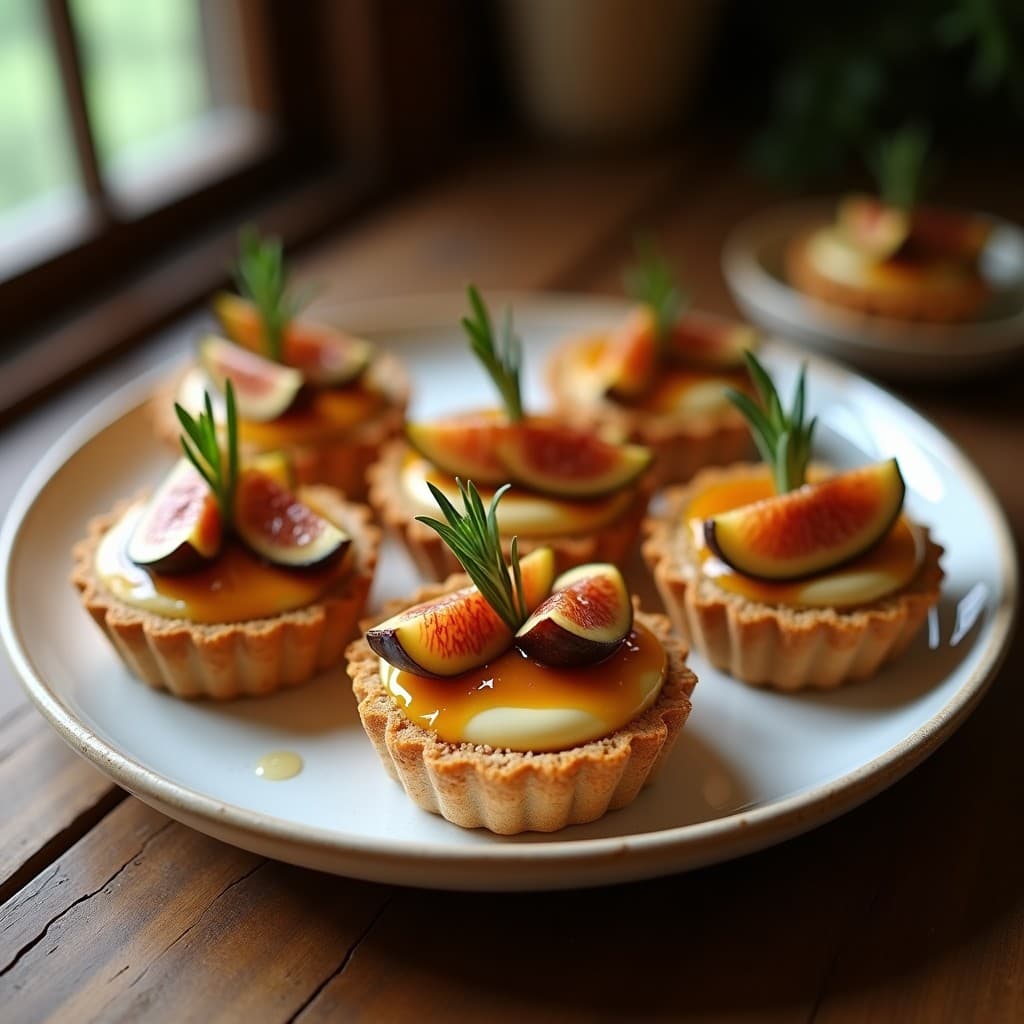 Tartaletas doradas de base crujiente de almendra y coco, rellenas de crema suave de queso de cabra y coronadas con higos caramelizados en miel de agave, decoradas con romero fresco. Postre sin gluten y sin azúcar sobre fondo rústico de madera.