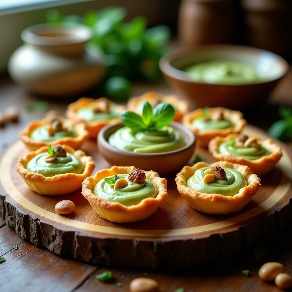 Tartaletas doradas de queso parmesano con un relleno verde cremoso de pesto de espárragos blancos, servidas en una bandeja de madera con hierbas frescas. Receta keto aperitivo.