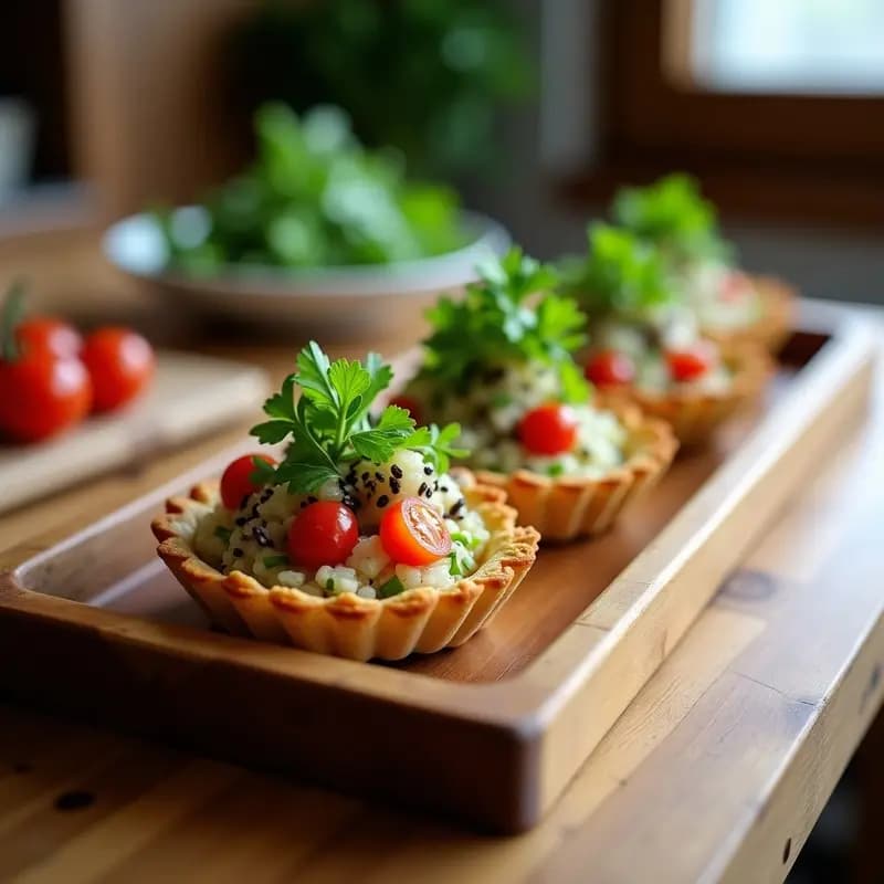 Tartaletas de base dorada y crujiente de quinoa inflada rellenas de ceviche de champiñones portobello en cubos, lechuga de mar, cebolla morada y tomate perla, decoradas con semillas de sésamo y cilantro fresco. Plato vegano y sin gluten con toques peruanos, servido en bandeja de madera rústica.