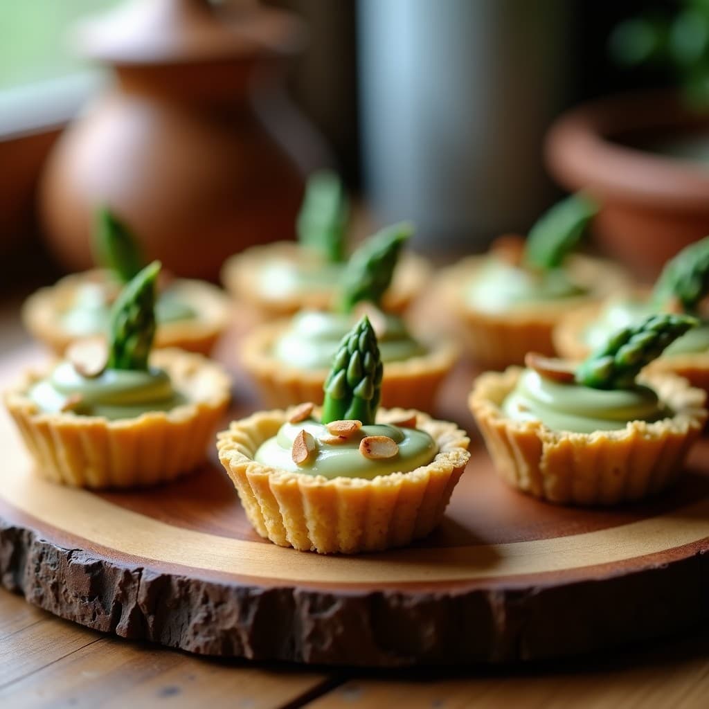 Tartaletas individuales con base dorada de quinoa crujiente, rellenas de crema sedosa de espárragos verdes y decoradas con puntas de espárragos blanqueados y almendras fileteadas tostadas. Plato de presentación elegante con toque gourmet gracias al aceite de trufa.