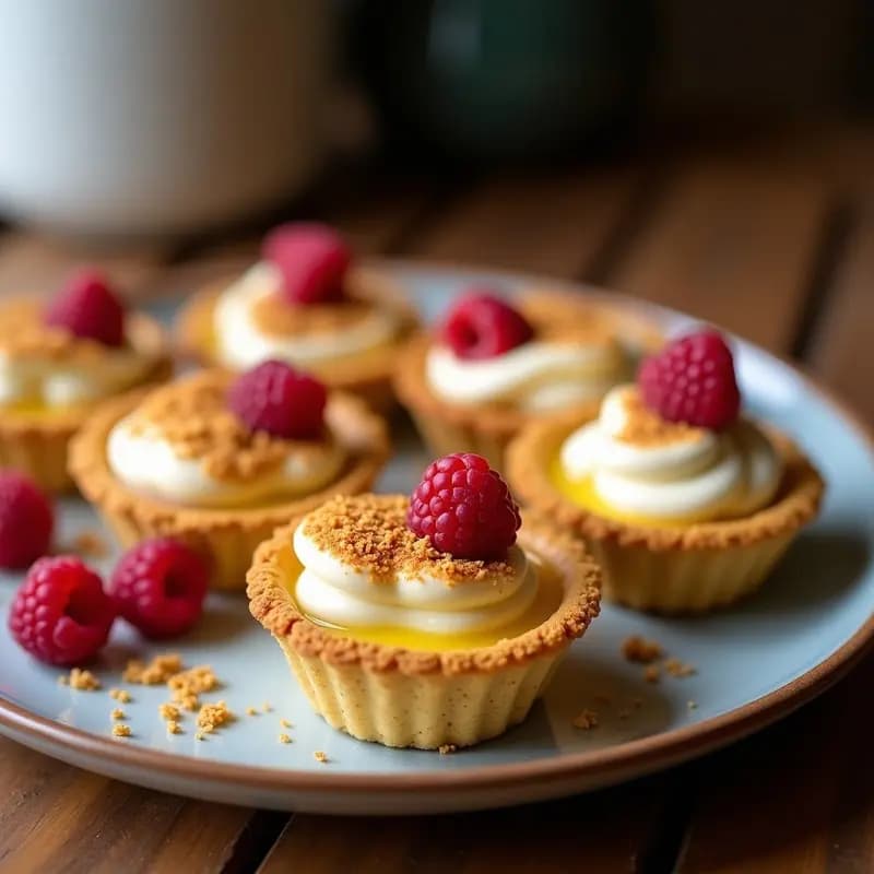 Tartaletas veganas con base dorada de quinoa, rellenas de crema de guanábana y coronadas con merengue de aquafaba tostado, decoradas con frambuesas sobre fondo rústico de madera.