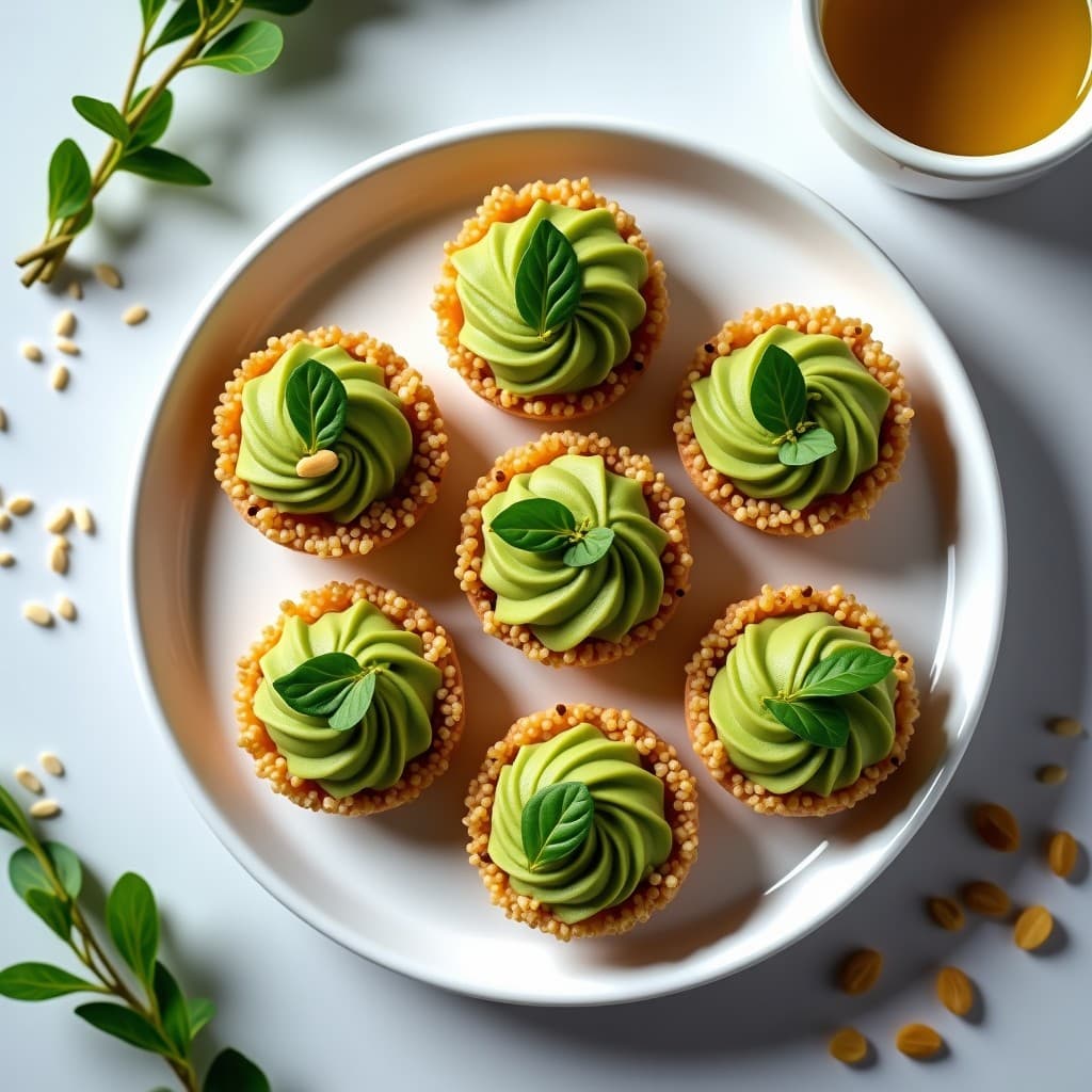 Tartaletas crudiveganas con base dorada de quinoa inflada y semillas, rellenas de paté verde de berros, decoradas con hojas frescas y un hilo de aceite de oliva sobre fondo blanco.