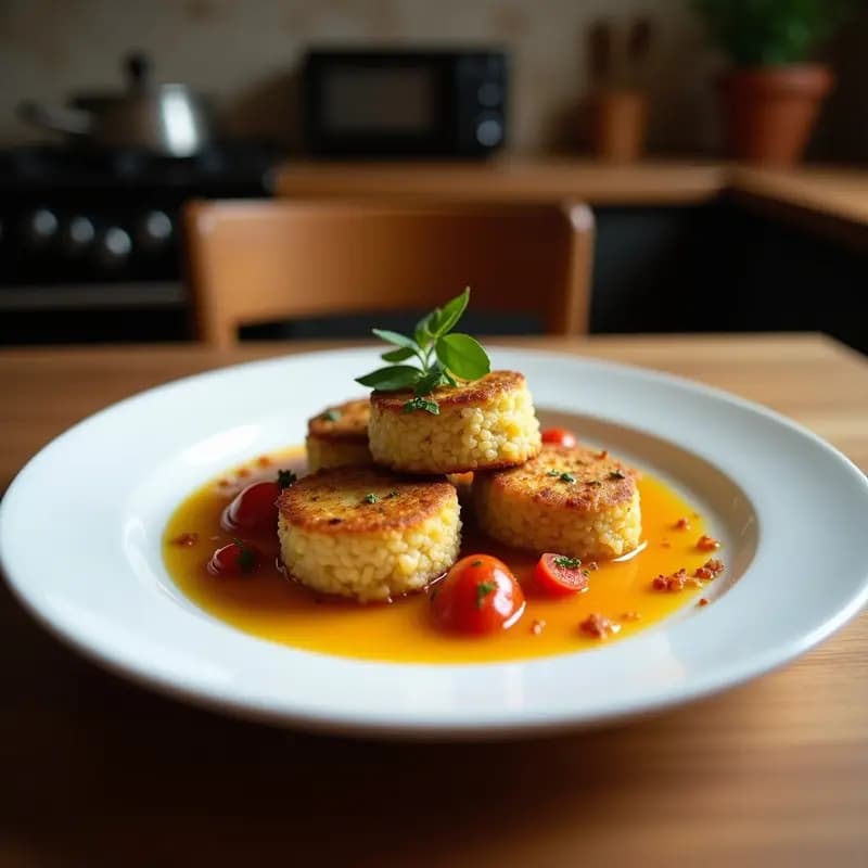Tartaletas de base dorada de quinoa rellenas de ratatouille colorida, con un hilo de aceite de albahaca verde brillante y hojas frescas de albahaca como decoración, servidas en una bandeja de madera rústica.