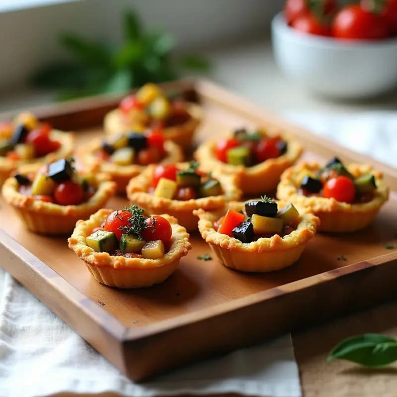 Tartaletas doradas de base de quinoa rellenas de ratatouille de berenjena, calabacín y pimiento, servidas en bandeja de madera con hierbas provenzales. Aperitivo vegano francés en Thermomix.