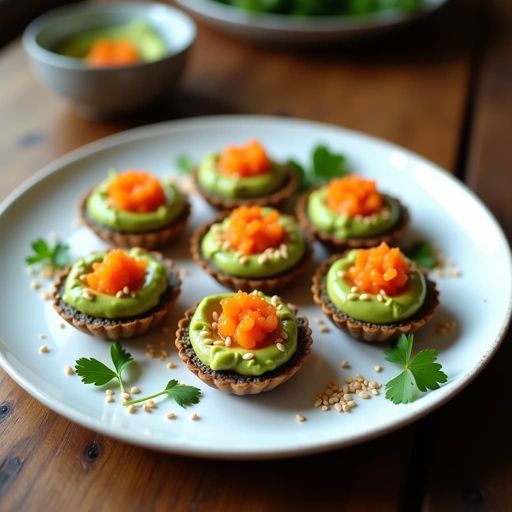Tartaletas de base dorada y crujiente de semillas de chía, rellenas de guacamole cremoso verde y coronadas con huevas de trucha naranjas brillantes, decoradas con semillas de sésamo y cilantro fresco, sobre un plato de cerámica blanca.