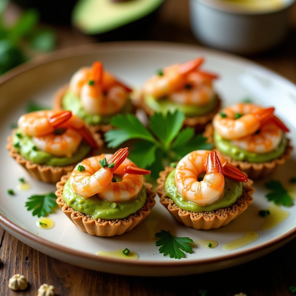 Tartaletas keto con base dorada de semillas de lino, rellenas de crema de aguacate verde suave y langostinos al ajillo con perejil fresco, servidas en bandeja de madera.