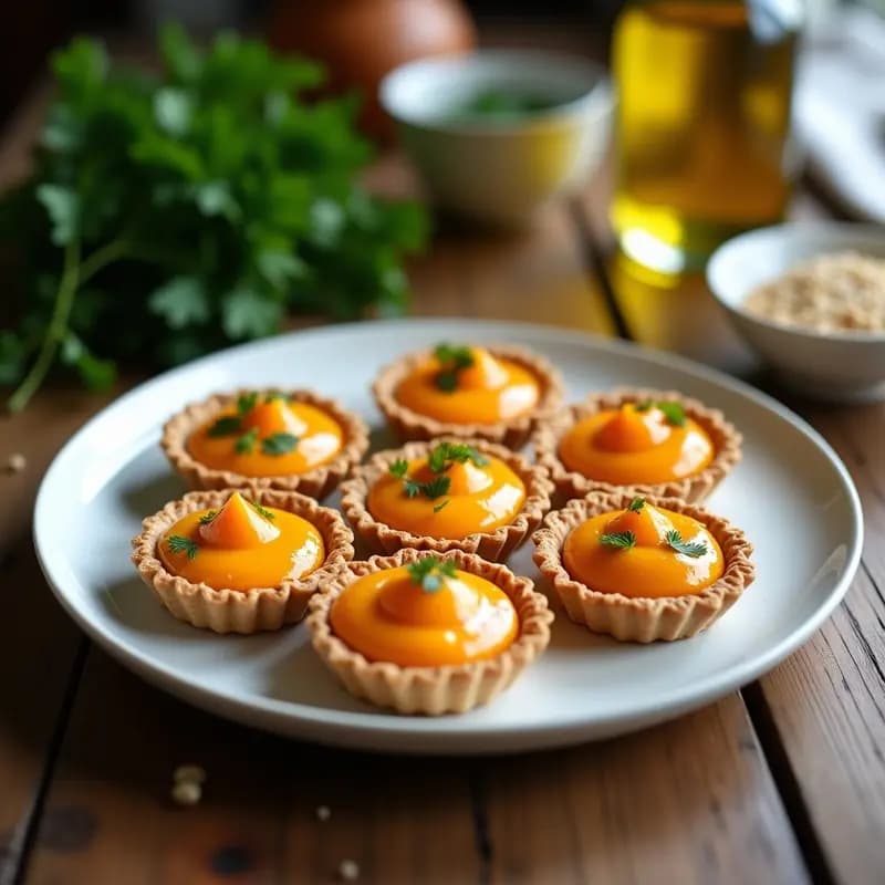 Tartaletas doradas de masa de sésamo rellenas de puré de batata naranja, decoradas con hilo de aceite de oliva virgen extra y perejil fresco picado, servidas en bandeja de madera rústica.