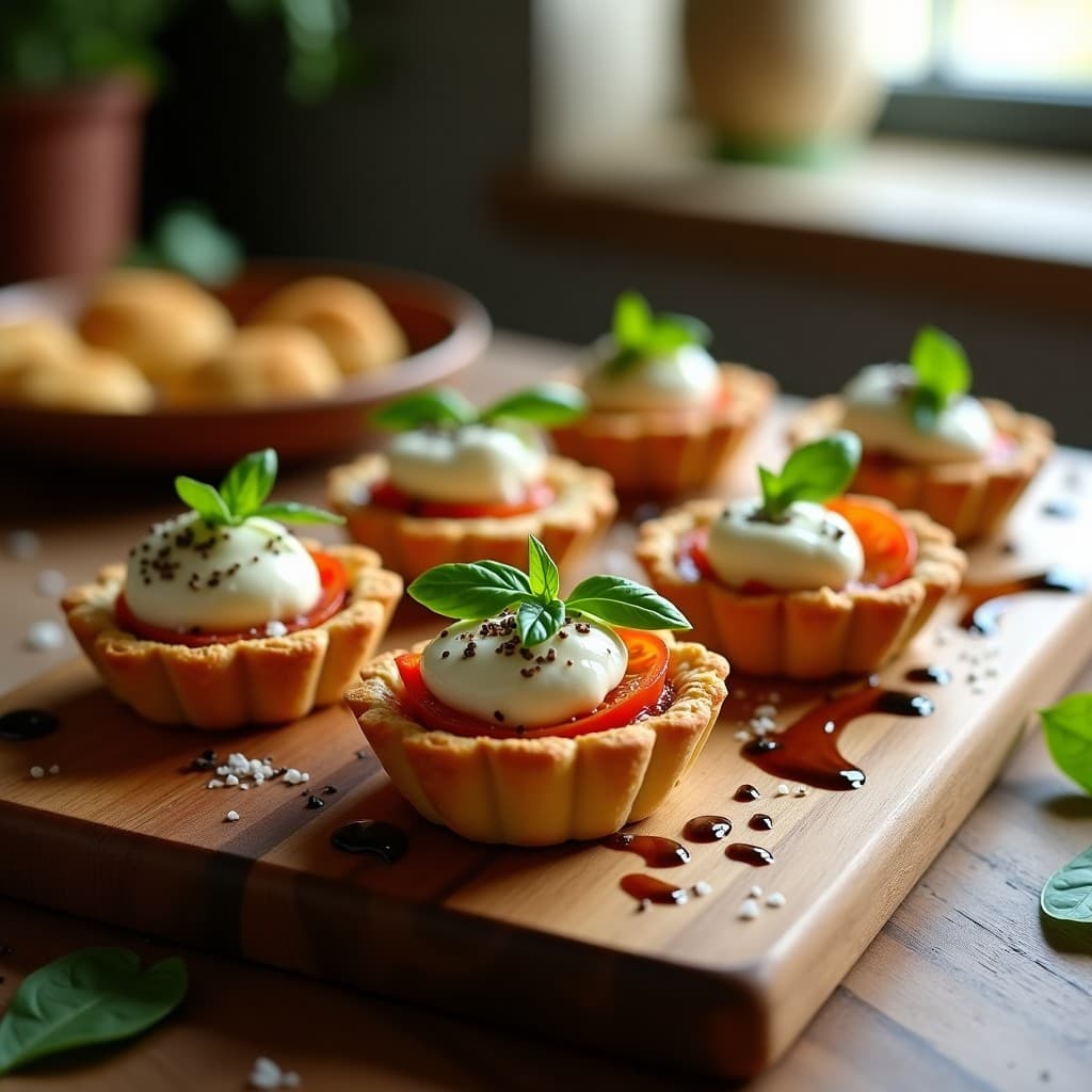 Tartaletas italianas con base de hojaldre dorado, rellenas de queso burrata cremoso, tomate seco picado y albahaca fresca, coronadas con reducción brillante de vinagre balsámico y piñones tostados. Presentación elegante en bandeja de madera.