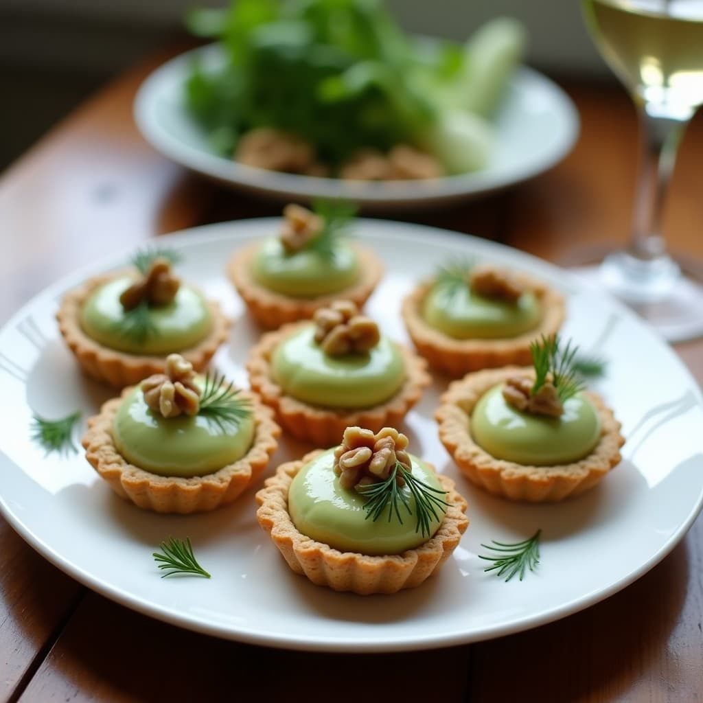 Tartaletas doradas de harina de trigo sarraceno con relleno cremoso de color verde claro de apio, decoradas con nueces picadas y hojas de eneldo sobre un plato de porcelana blanca, estilo entrante francés sin gluten.