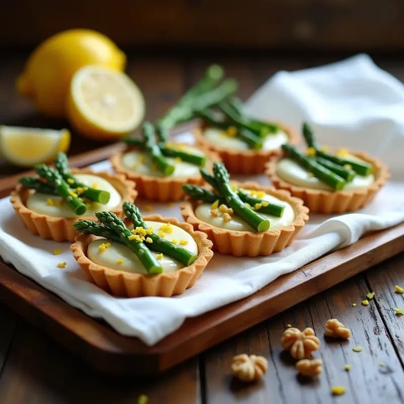 Tartaletas veganas doradas con base crujiente, rellenas de crema de tofu sedoso y decoradas con espárragos trigueros en abanico y nueces picadas, servidas en bandeja de madera.