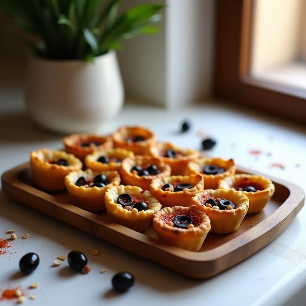 Tartaletas doradas de yuca con relleno de aceitunas negras y pimentón de la Vera, servidas en bandeja rústica de madera sobre fondo claro, aperitivo sin gluten al horno.