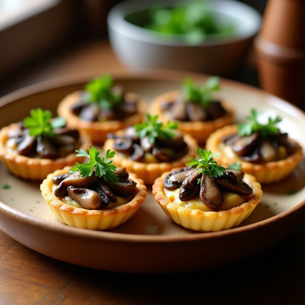 Tartaletas doradas de yuca con relleno cremoso de queso de anacardo y hongos shiitake salteados, decoradas con perejil fresco sobre un plato de madera rústica.