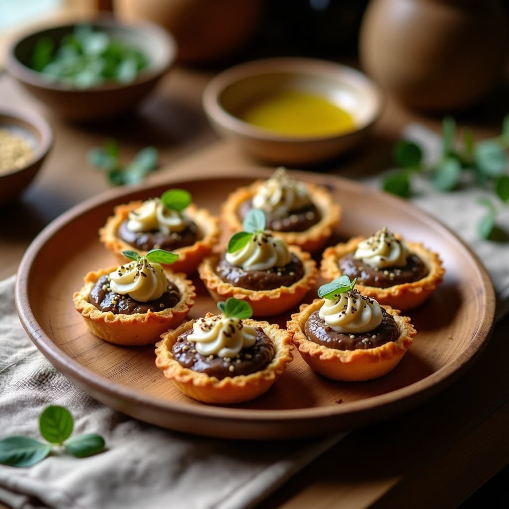 Tartaletas veganas de zaatar y berenjena ahumada en plato de madera, con base dorada de harina de garbanzo y relleno cremoso decorado con almendras fileteadas y especias.
