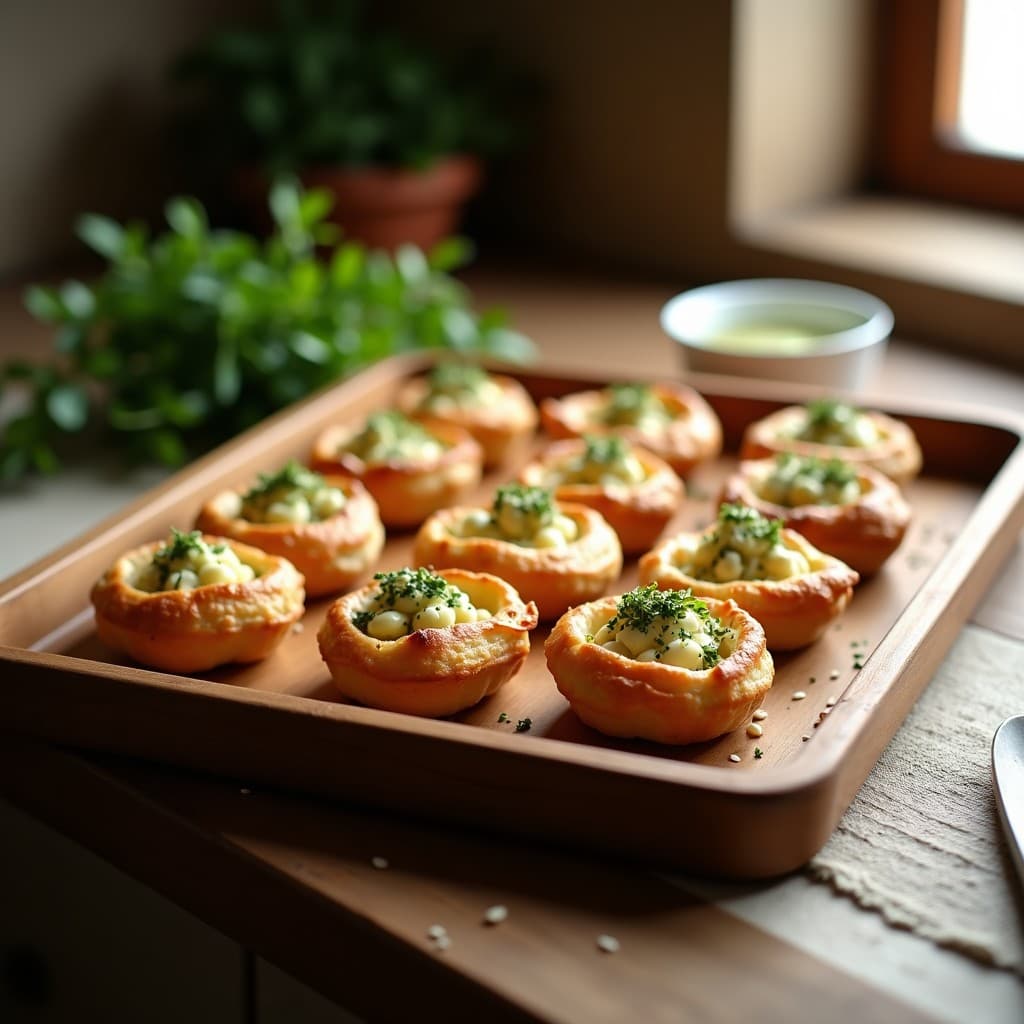 Tartaletas doradas de hojaldre rellenas de una mezcla cremosa de queso feta y zaatar, con semillas de sésamo espolvoreadas, servidas en una bandeja rústica de madera.
