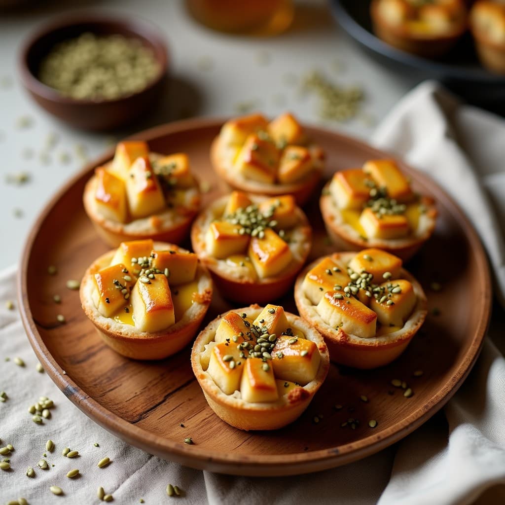 Tartaletas doradas de hojaldre rellenas de queso halloumi crujiente, espolvoreadas con zaatar y semillas de sésamo, con un hilo de miel brillante sobre un plato rústico de madera.