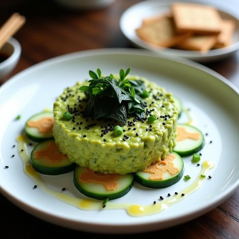 Tartar de aguacate y algas nori servido en un plato blanco sobre rodajas de pan de pepino, decorado con semillas de sésamo negro y cebollino picado, receta sushi vegana.