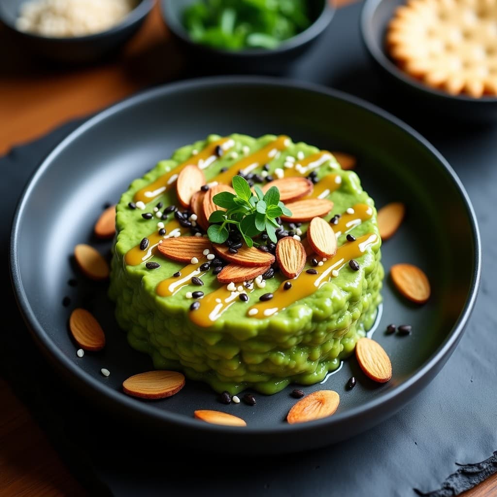 Tartar de aguacate y almendras con vinagreta de yuzu servido en molde redondo sobre plato negro, decorado con semillas de sésamo, cebollino y copos de alga nori, receta japonesa vegana alta en omega-3.