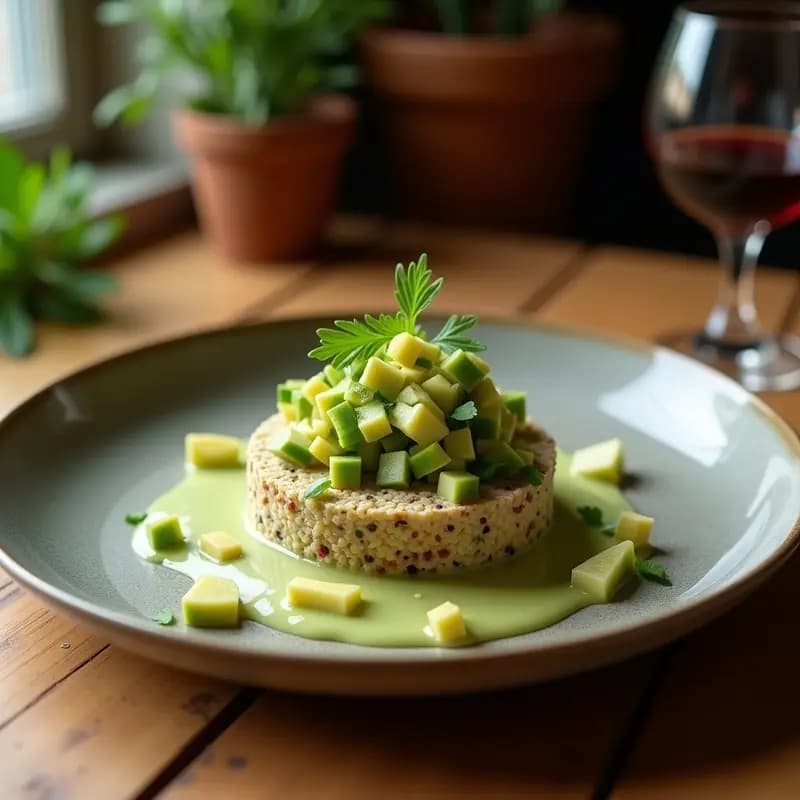Tartar de aguacate y corazón de alcachofa vegano y sin gluten servido en plato blanco sobre base de rúcula, decorado con almendras tostadas y eneldo fresco, con vinagreta de mostaza de Dijon.