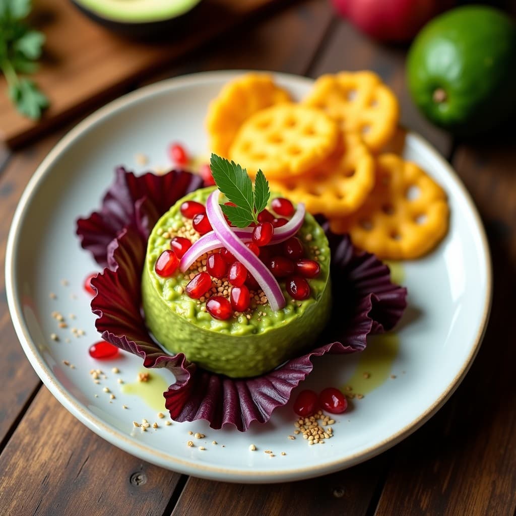 Plato blanco con tartar de aguacate y semillas de granado rojo, servido sobre hojas de lechuga morada, acompañado de chips de yuca dorados y crujientes, con semillas de sésamo espolvoreadas. Receta crudivegana con toque peruano.