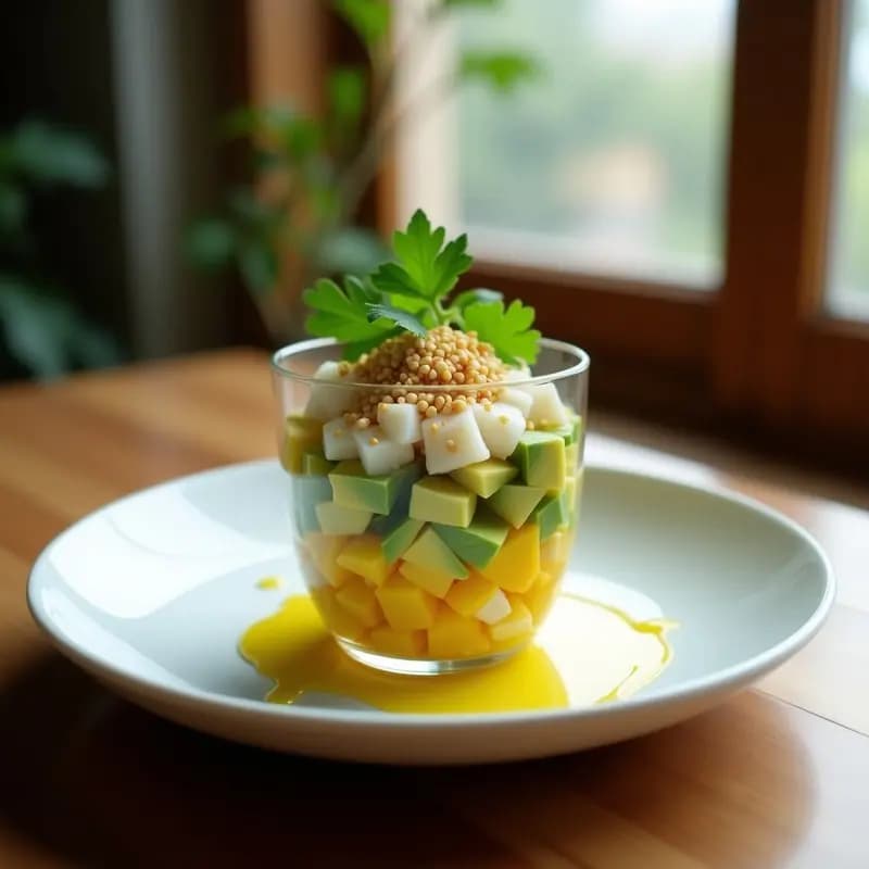 Copa de cristal transparente con tartar de aguacate y mango en capas, coronado con corvina marinada en leche de tigre, decorado con semillas de sésamo y cilantro fresco, fondo borroso de cocina moderna.