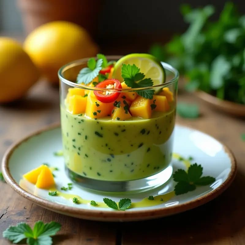 Copa de cristal con tartar de aguacate y mango en cubos, decorado con hojas de cilantro y rodajas de habanero, entrante fresco y colorido.