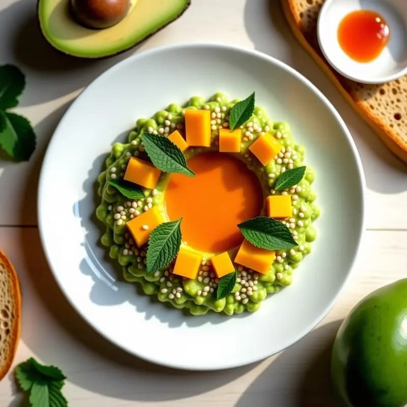 Plato blanco con tartar de aguacate y mango en el centro, decorado con semillas de sésamo y hojas de menta, acompañado de tostadas integrales y un hilo de sriracha.