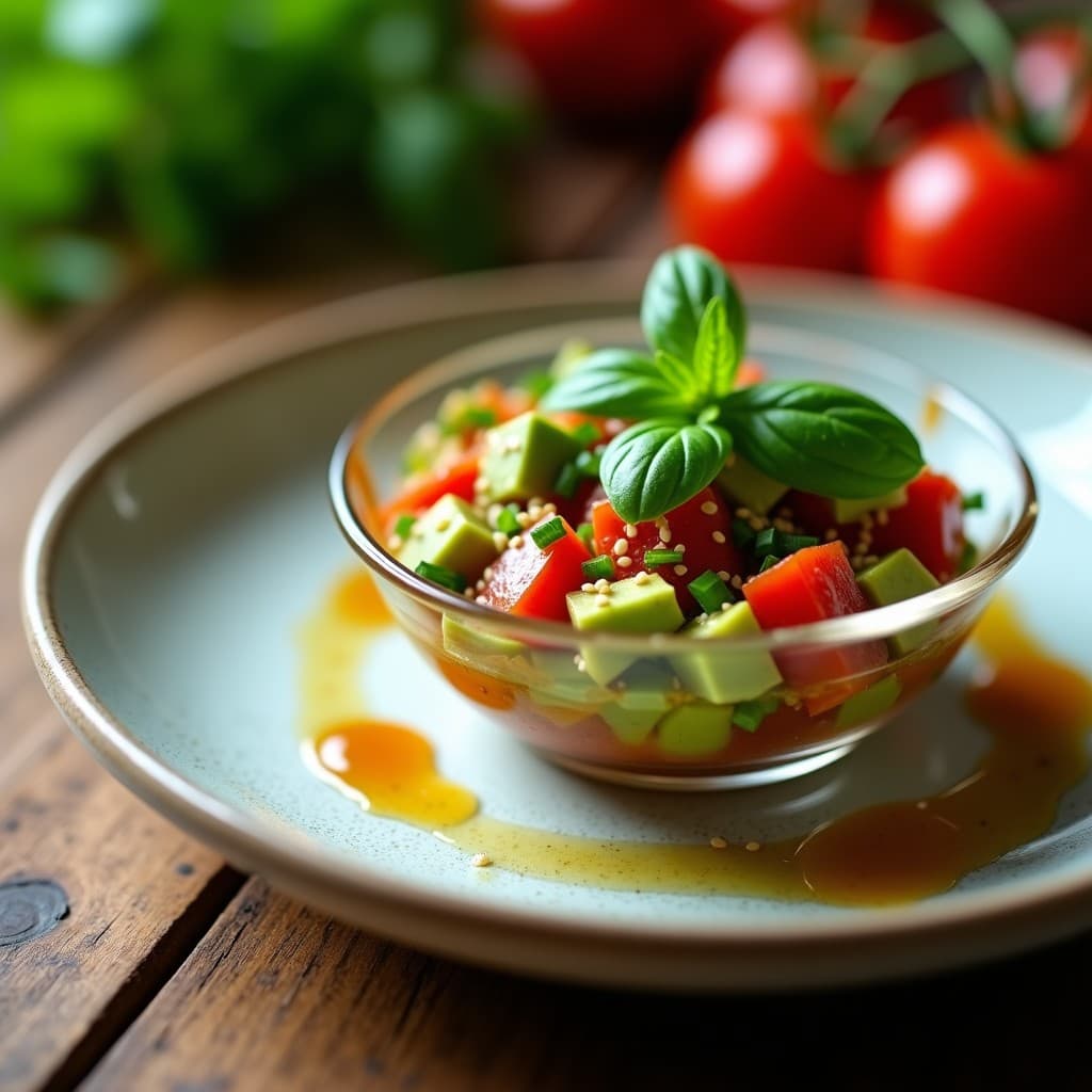 Tartar de aguacate y tomate en cubos precisos con hojas de albahaca fresca y semillas de sésamo tostadas, servido en copa de cristal sobre fondo rústico de madera. Receta crudivegana italiana fresca y colorida.
