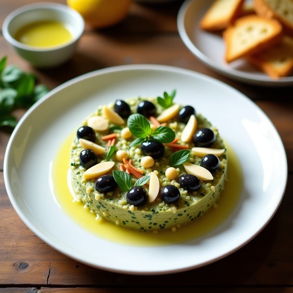 Tartar de alcachofa y aceitunas Taggiasche con vinagreta de limón servido en plato blanco de porcelana, decorado con hojas de albahaca y perejil fresco, acompañado de crostini de pan sin gluten. Vista cenital con fondo de madera rústica y luz natural suave.