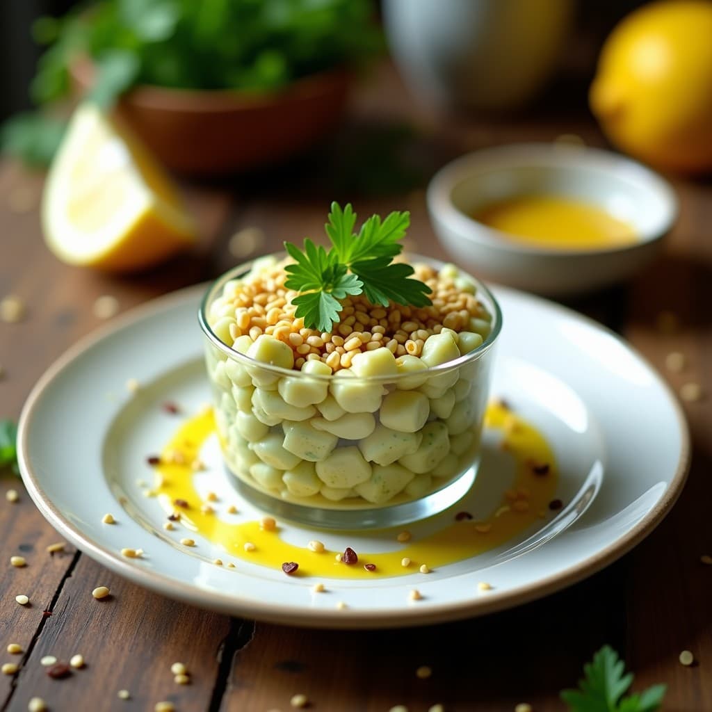 Tartar de alcachofa y corazón de palmito servido en copa de cristal, con vinagreta de mostaza de Dijon, semillas de sésamo tostadas y perejil fresco. Plato crudivegano fresco y colorido.