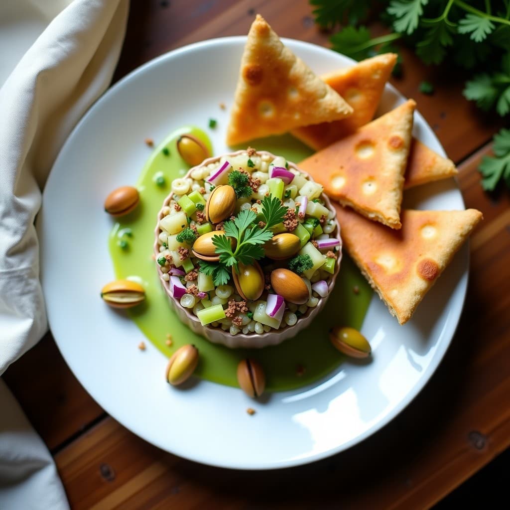 Tartar de alcachofa y pistacho servido en molde redondo sobre plato blanco, decorado con pistachos tostados y perejil, acompañado de triángulos de pan de pita crujiente. Receta vegana en airfryer con toque gourmet.