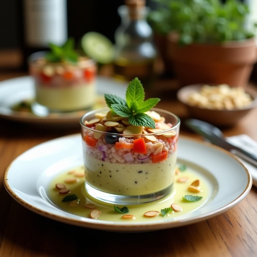 Tartar de alcachofas y aceitunas kalamata servido en copa de cristal, con vinagreta de lima y almendras tostadas, receta griega sin gluten.